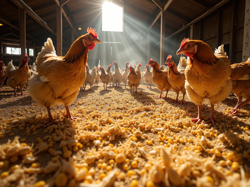 现代化蛋鸡养殖场内部，整齐排列的鸡笼设施，干净整洁的养殖环境，明亮的人工照明