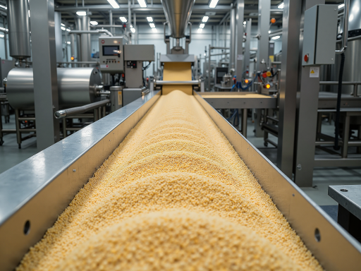 饲料加工厂车间，大型饲料生产设备，工人操作机器，现代化工业环境