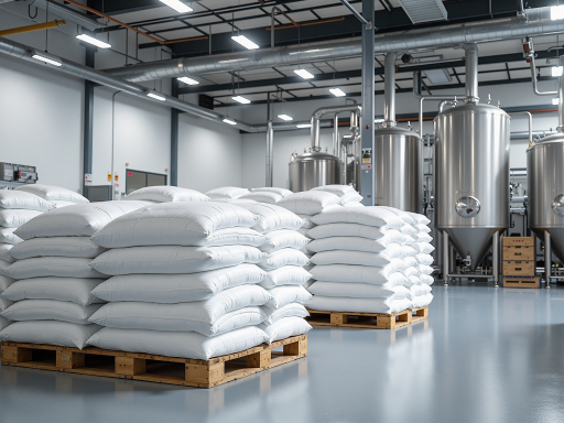 有机肥料生产车间，包装好的有机肥产品整齐堆放，现代化生产环境